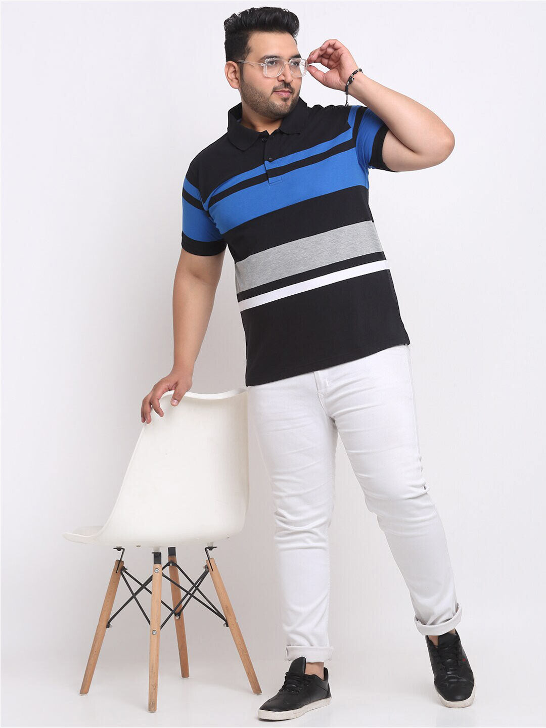 Plus Size  Black Striped Polo Collar Cotton T-shirt