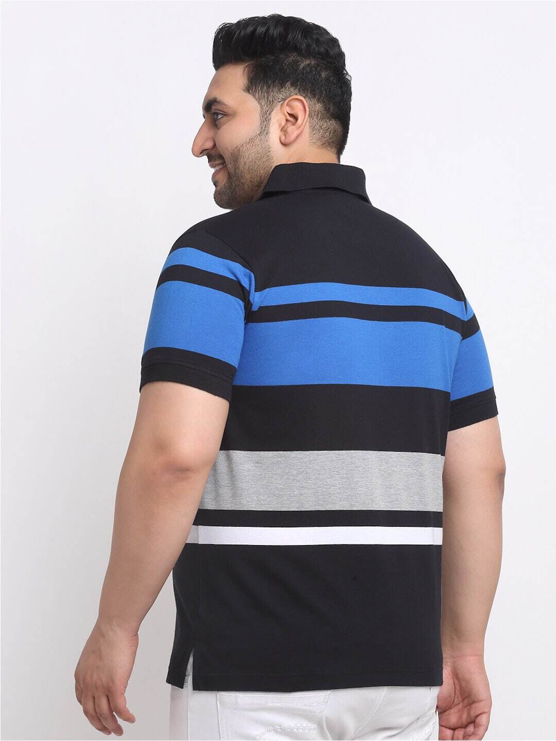 Plus Size  Black Striped Polo Collar Cotton T-shirt