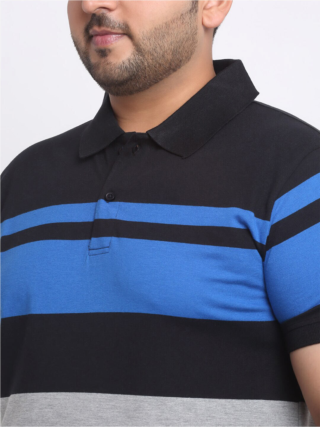 Plus Size  Black Striped Polo Collar Cotton T-shirt