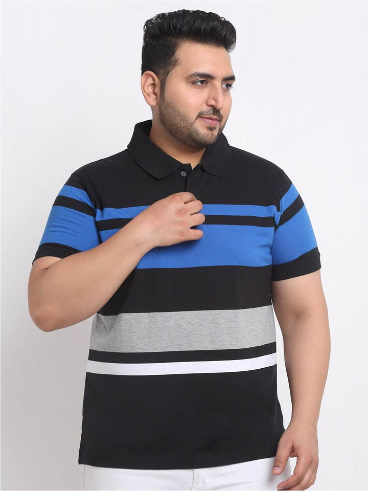 Plus Size  Black Striped Polo Collar Cotton T-shirt