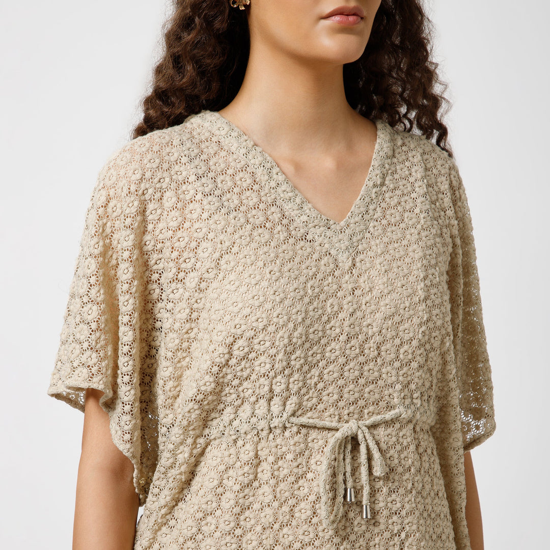 Beige Lace Fabric Kaftan With Spaghetti