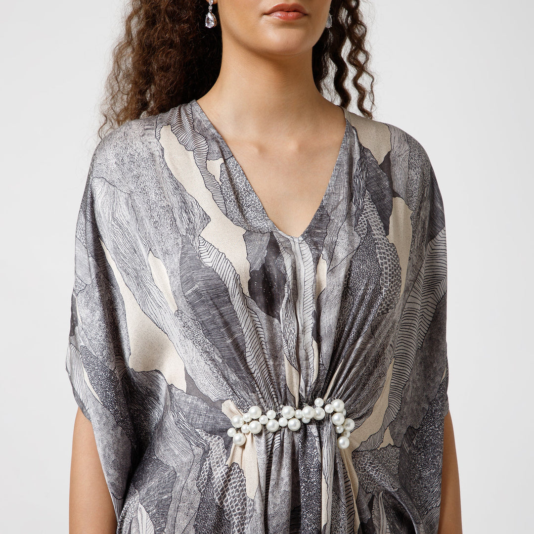 Black Satin Kaftan With Pearls