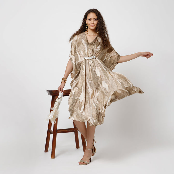 Olive Satin Kaftan With Pearls