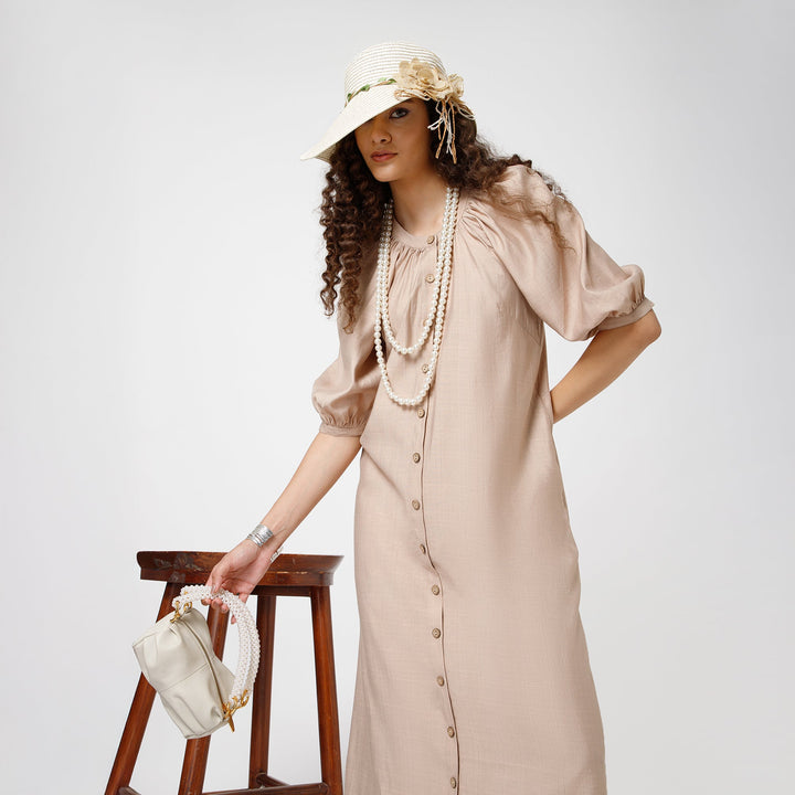 Beige Long Dress With Puff Sleeves