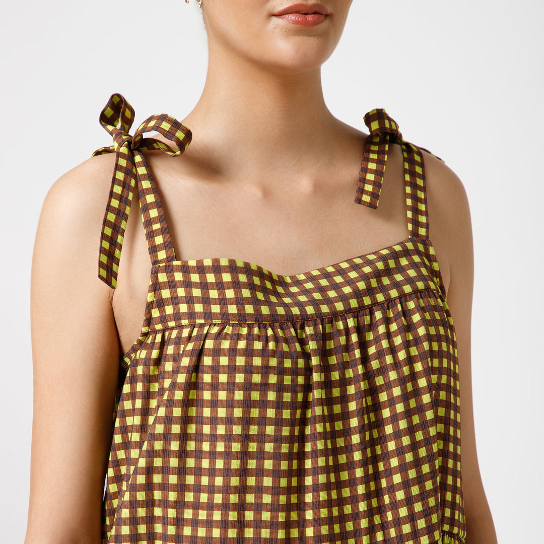Brown Yellow Check Tiered Dress