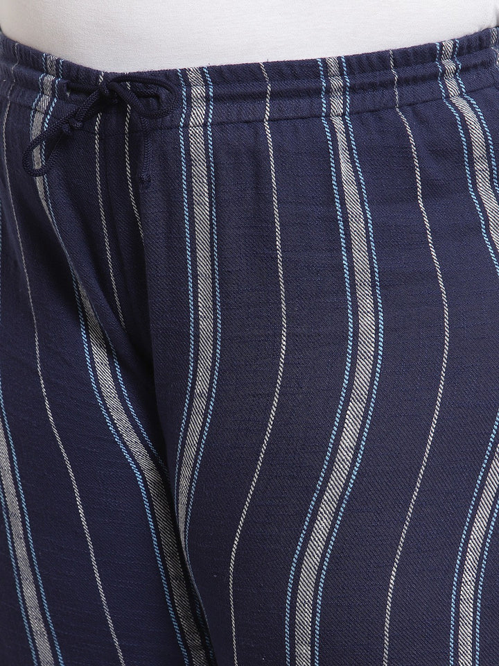 Plus Size  Navy Blue Striped Cotton Straight-Fit Track Pant