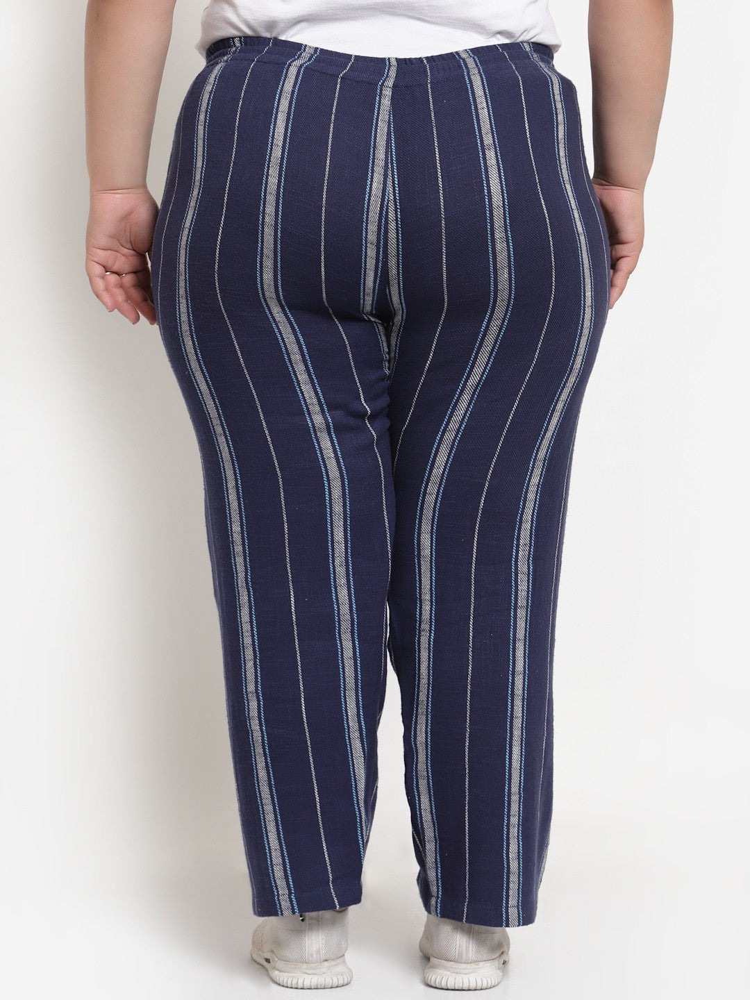 Plus Size  Navy Blue Striped Cotton Straight-Fit Track Pant