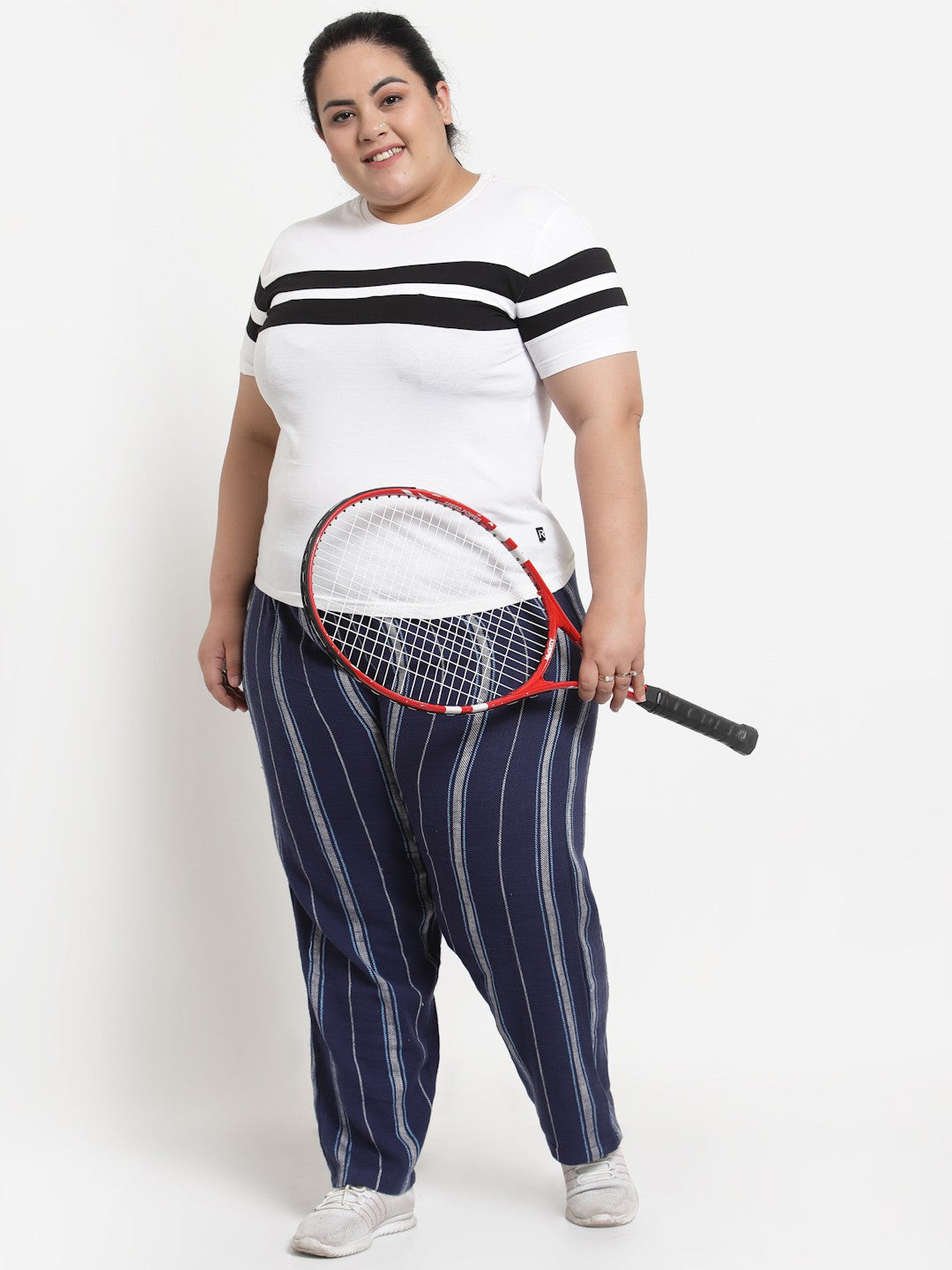 Plus Size  Navy Blue Striped Cotton Straight-Fit Track Pant