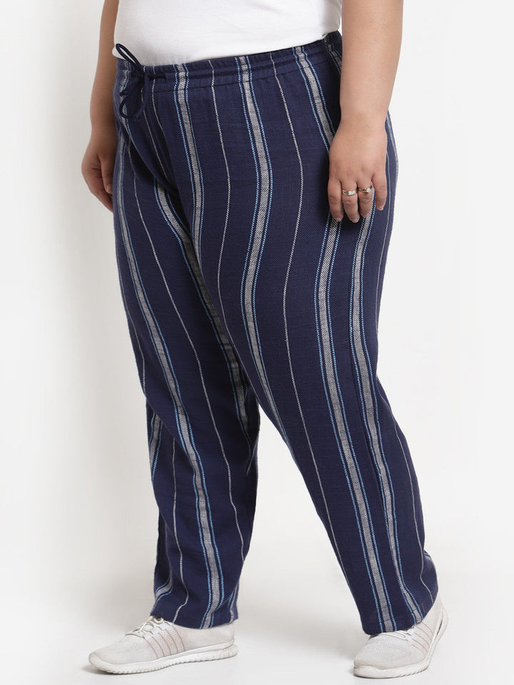 Plus Size  Navy Blue Striped Cotton Straight-Fit Track Pant
