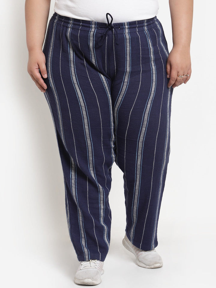 Plus Size  Navy Blue Striped Cotton Straight-Fit Track Pant
