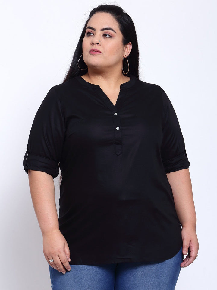 Plus Size Black Mandarin Collar Shirt Style Top