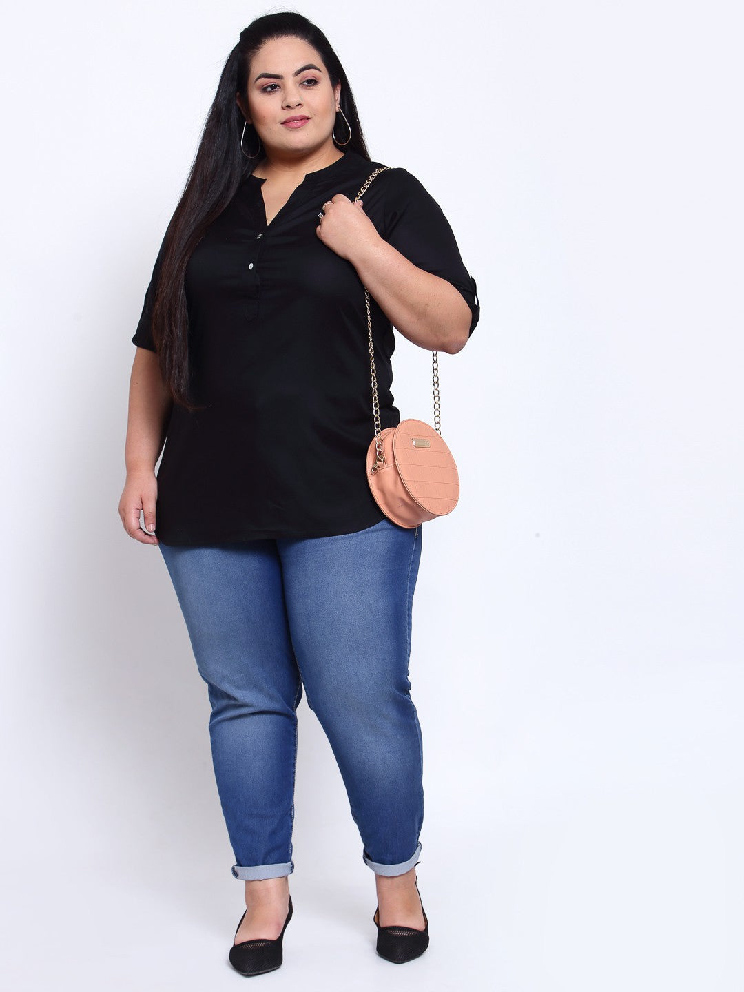 Plus Size Black Mandarin Collar Shirt Style Top