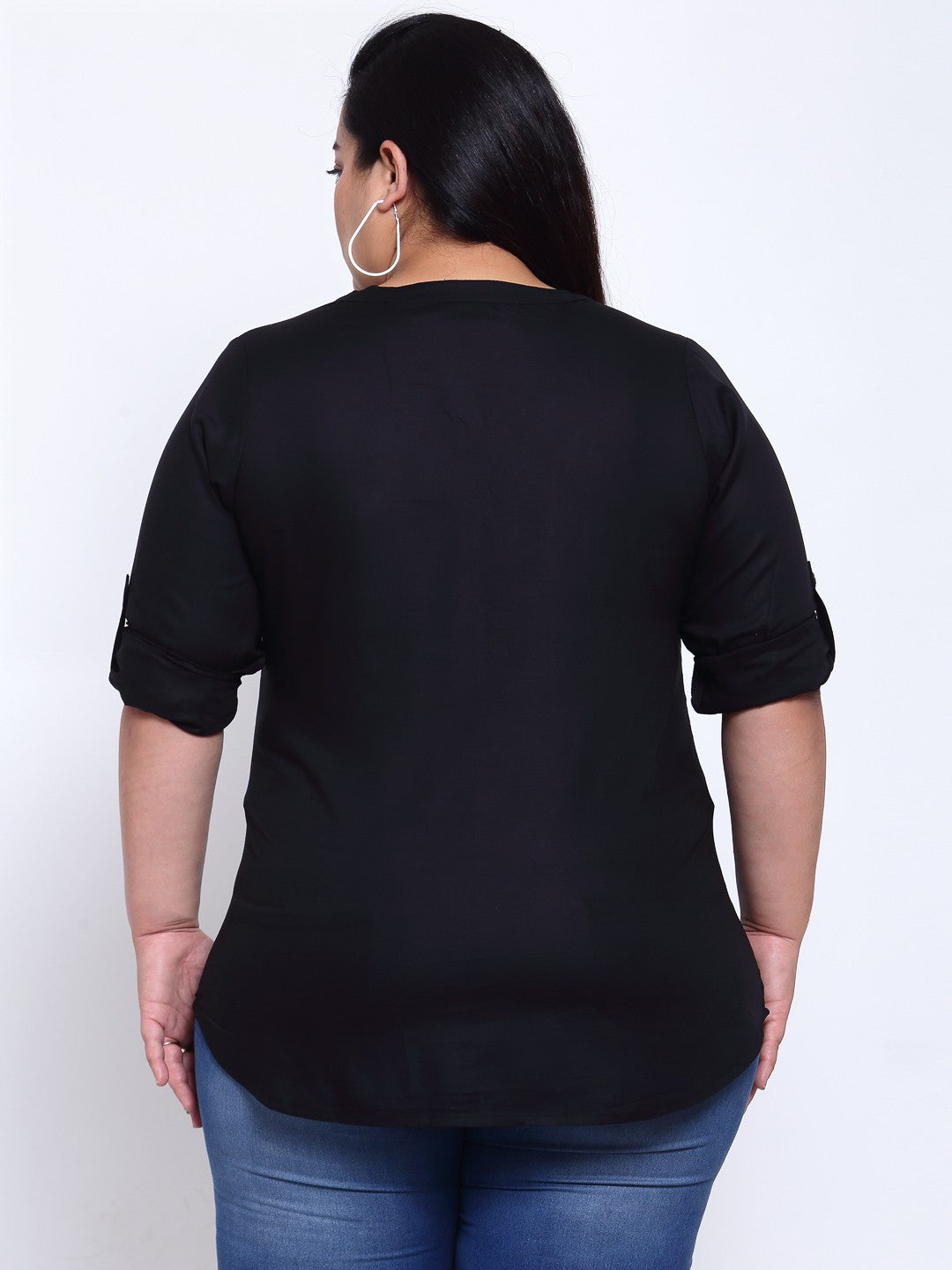 Plus Size Black Mandarin Collar Shirt Style Top
