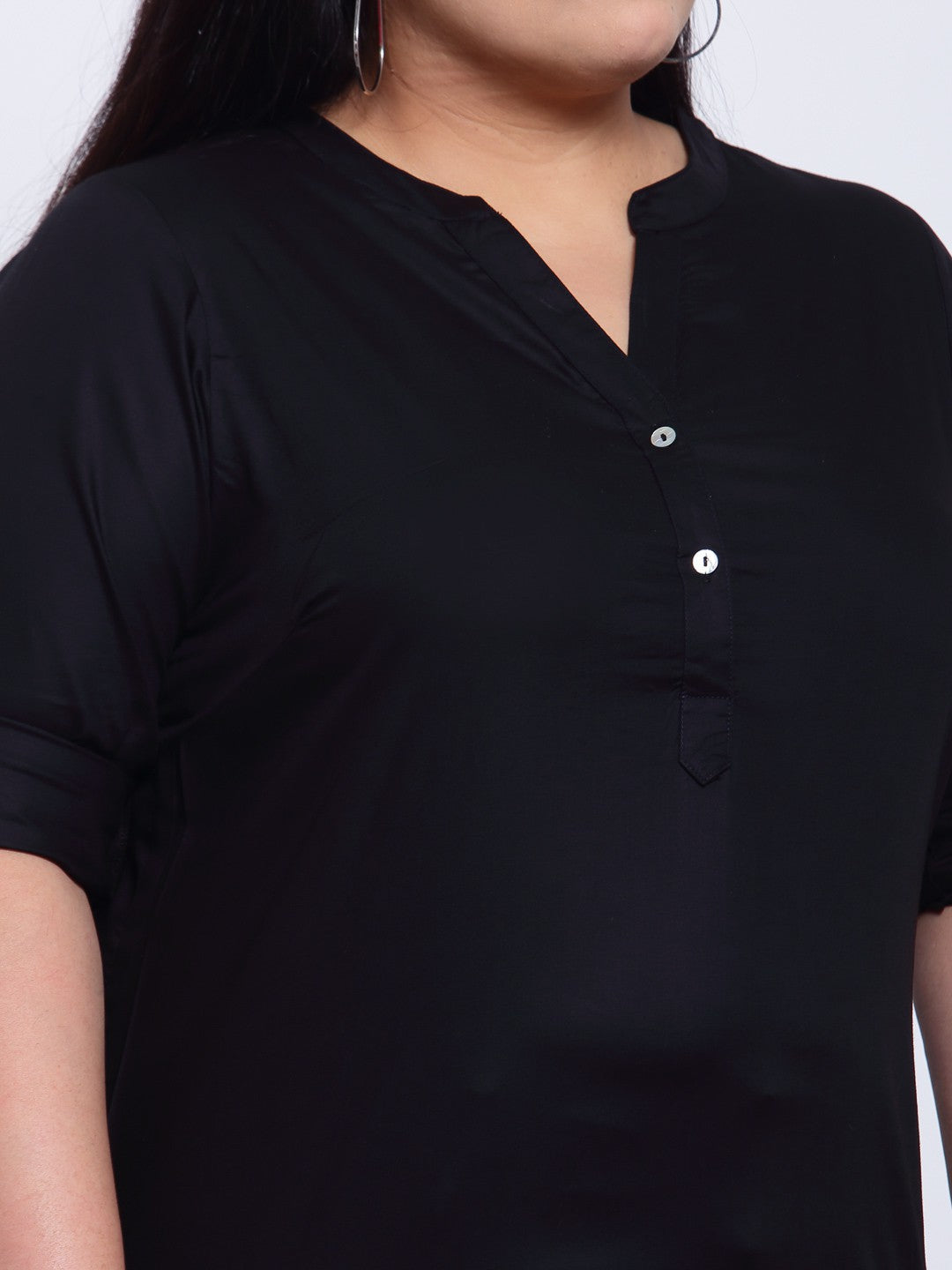 Plus Size Black Mandarin Collar Shirt Style Top