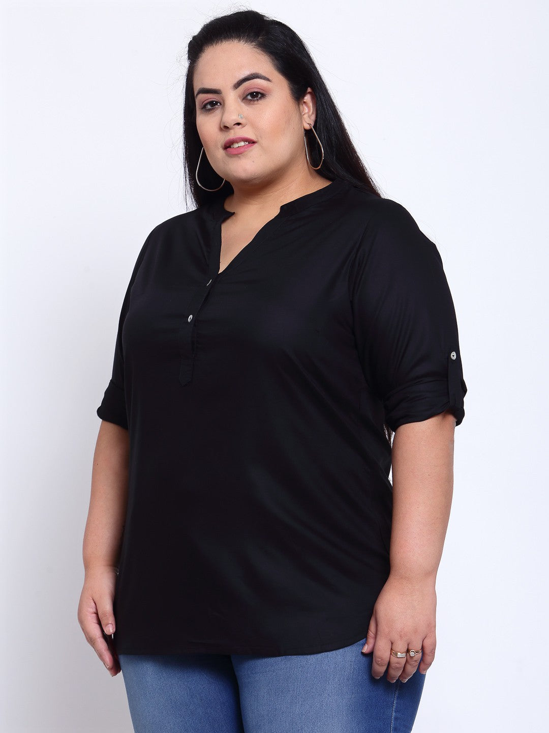 Plus Size Black Mandarin Collar Shirt Style Top