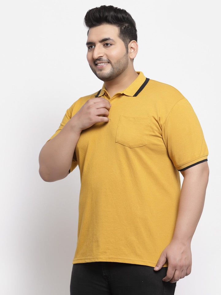 Plus Size Men  Mustard Yellow Polo Collar Drop-Shoulder Sleeves Cotton T-shirt