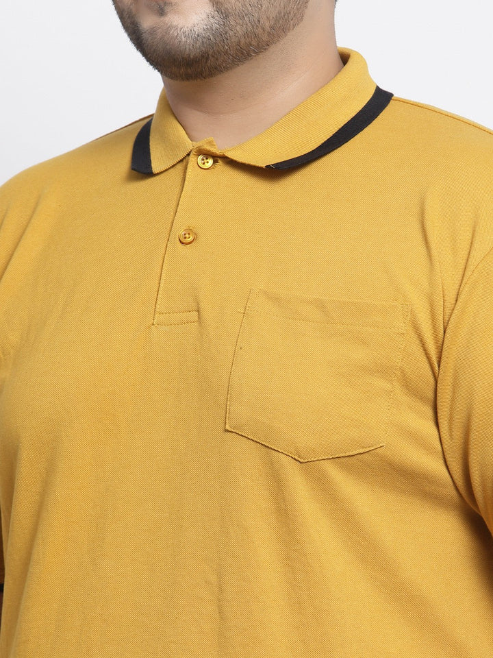 Plus Size Men  Mustard Yellow Polo Collar Drop-Shoulder Sleeves Cotton T-shirt