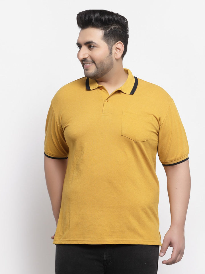 Plus Size Men  Mustard Yellow Polo Collar Drop-Shoulder Sleeves Cotton T-shirt