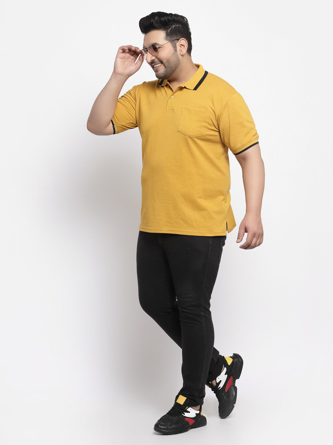Plus Size Men  Mustard Yellow Polo Collar Drop-Shoulder Sleeves Cotton T-shirt