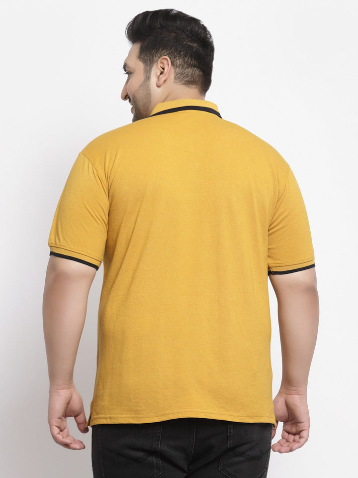 Plus Size Men  Mustard Yellow Polo Collar Drop-Shoulder Sleeves Cotton T-shirt