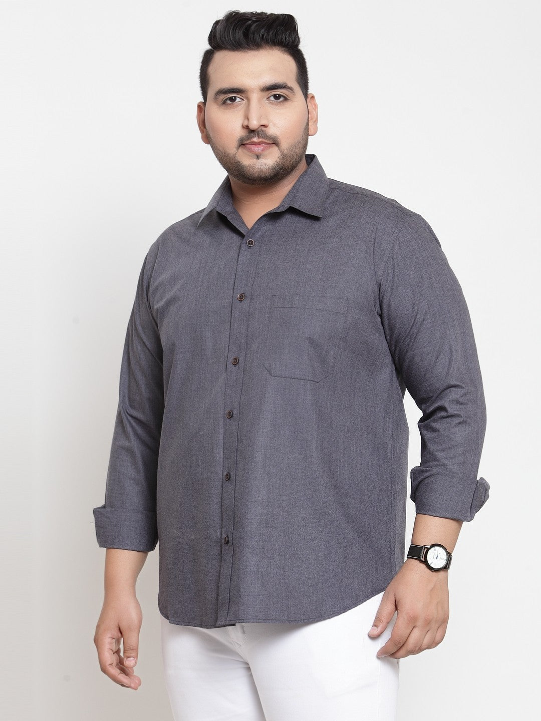 Plus Size Men Grey Regular Fit Self Design Casual Shirt
