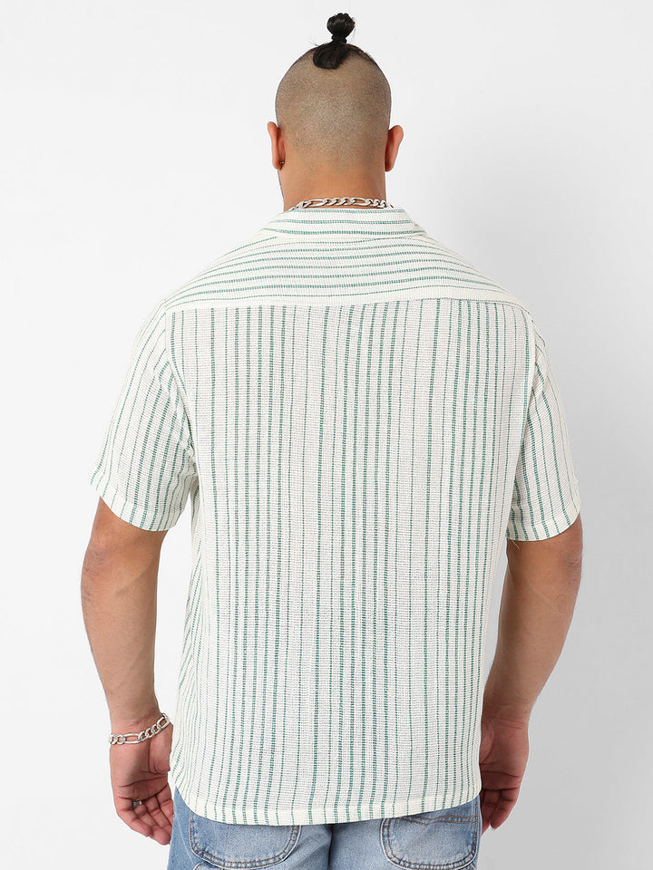 White & Green Unbalanced Striped Woven Shirt