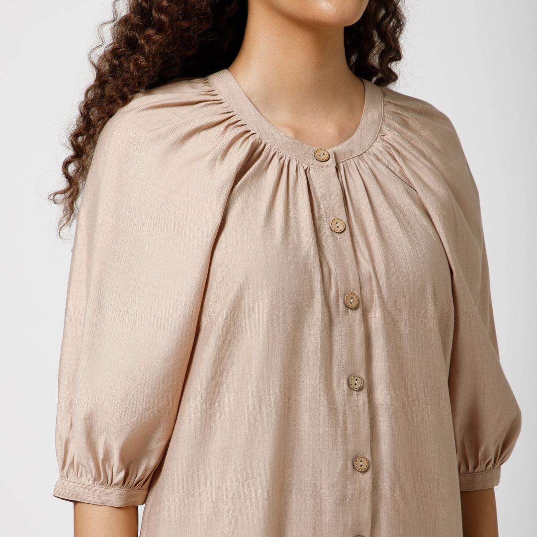 Beige Long Dress With Puff Sleeves