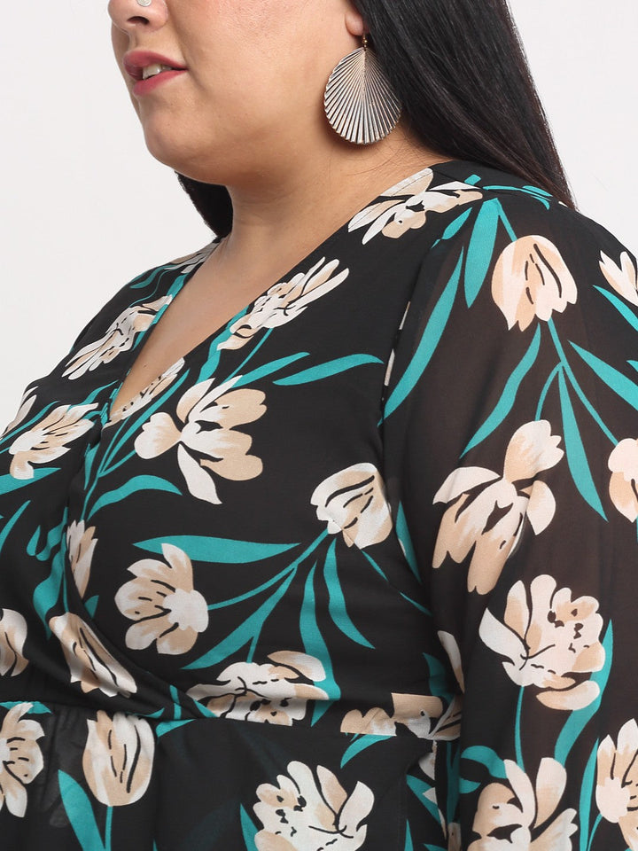 Plus Size  Black  Beige Floral Printed A-Line Midi Dress