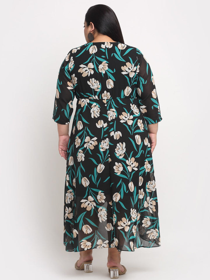 Plus Size  Black  Beige Floral Printed A-Line Midi Dress