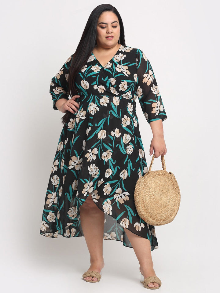 Plus Size  Black  Beige Floral Printed A-Line Midi Dress