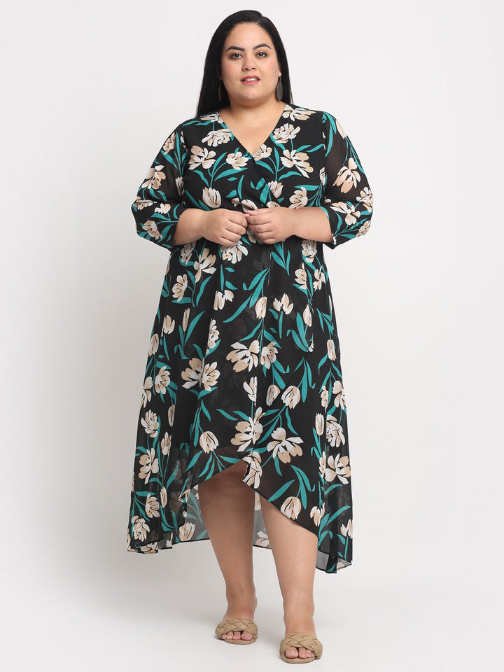 Plus Size  Black  Beige Floral Printed A-Line Midi Dress