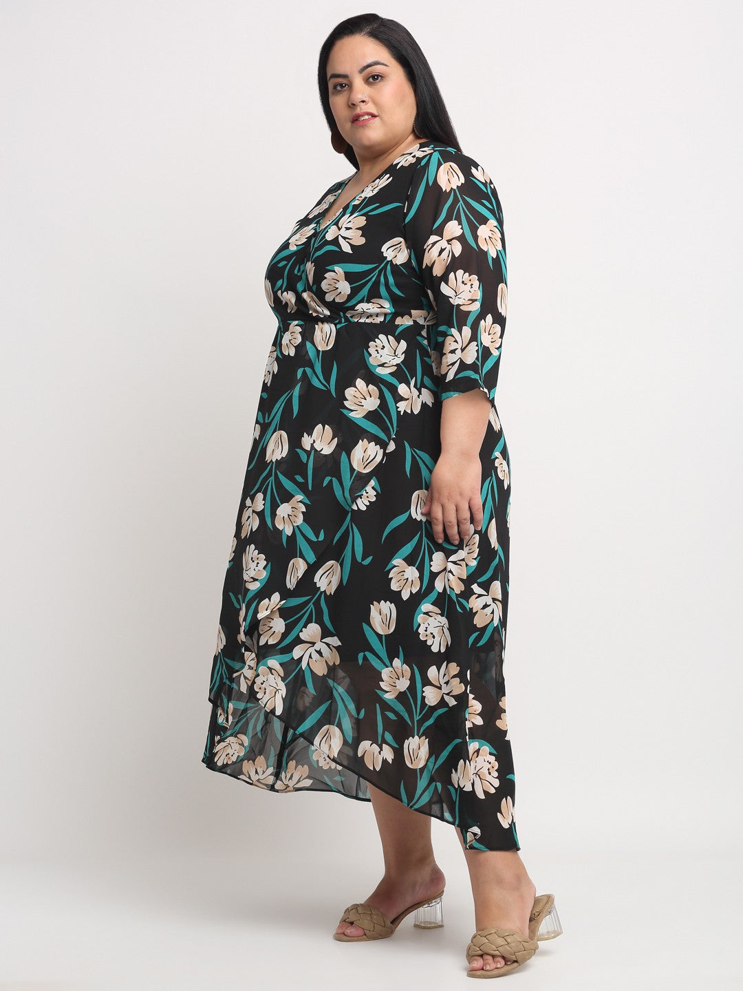 Plus Size  Black  Beige Floral Printed A-Line Midi Dress