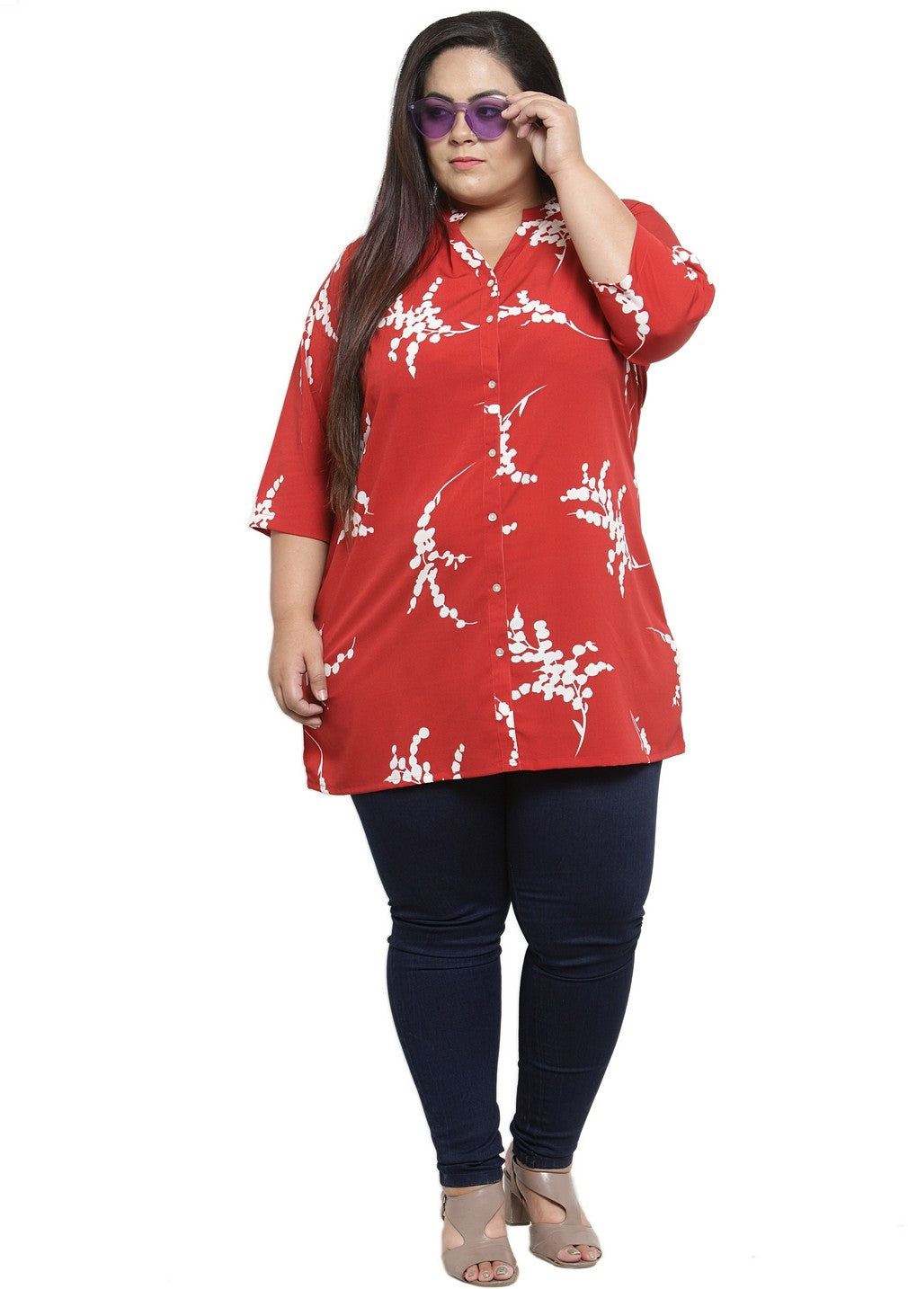 Plus Size Red  Off-White Printed Tunic