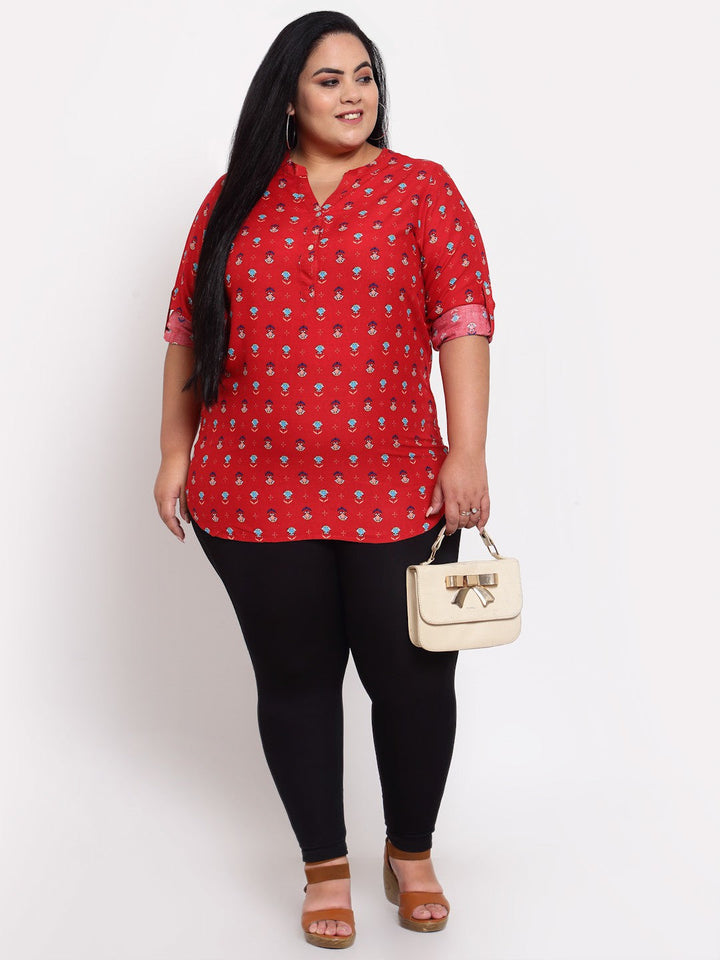 Plus Size Red  Blue Roll-Up Sleeves Shirt Style Top