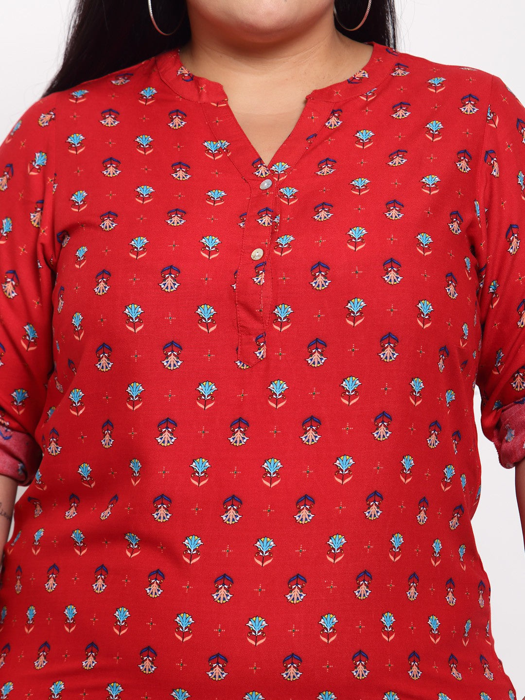 Plus Size Red  Blue Roll-Up Sleeves Shirt Style Top