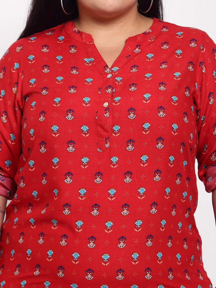 Plus Size Red  Blue Roll-Up Sleeves Shirt Style Top