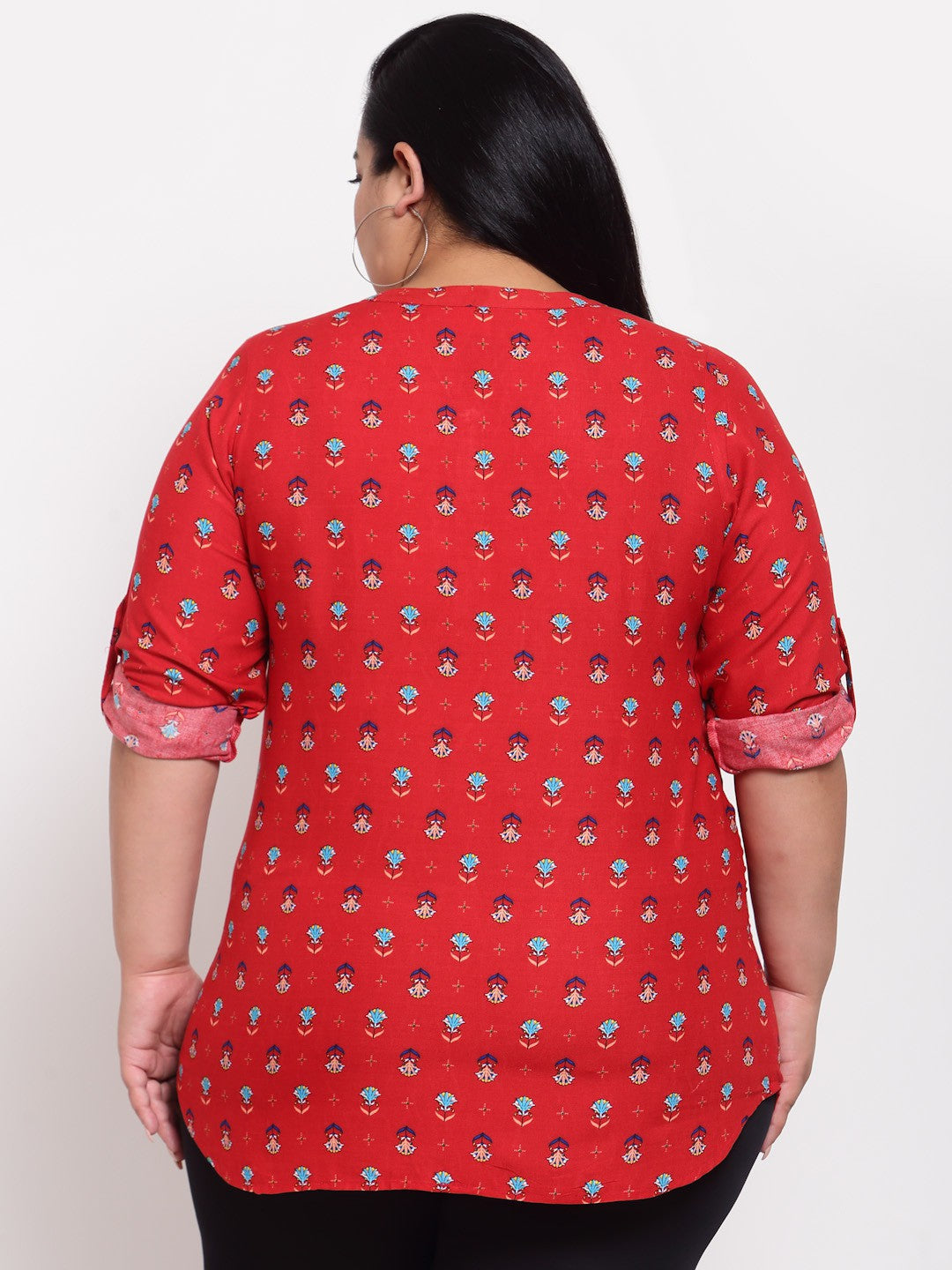 Plus Size Red  Blue Roll-Up Sleeves Shirt Style Top