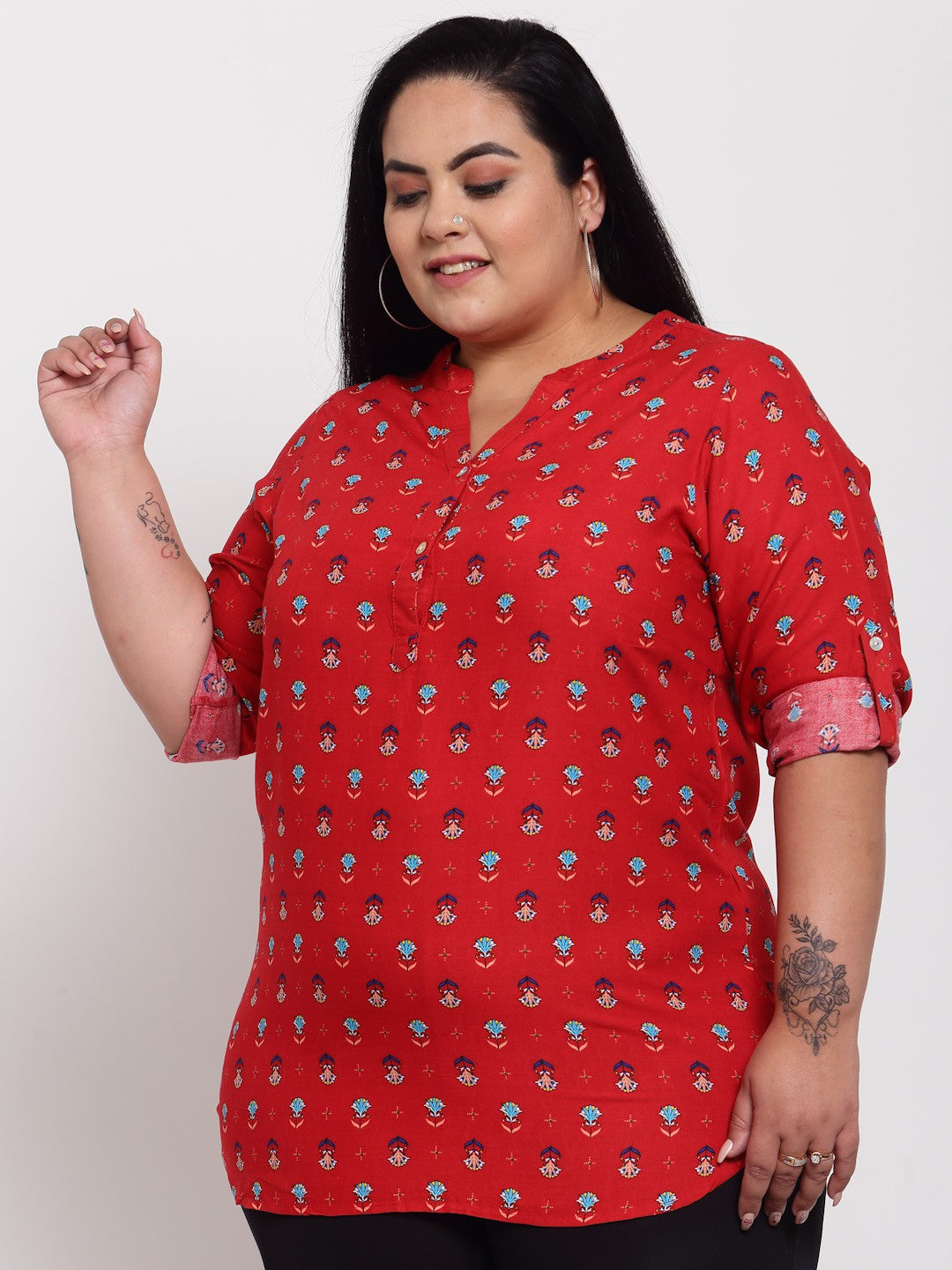 Plus Size Red  Blue Roll-Up Sleeves Shirt Style Top