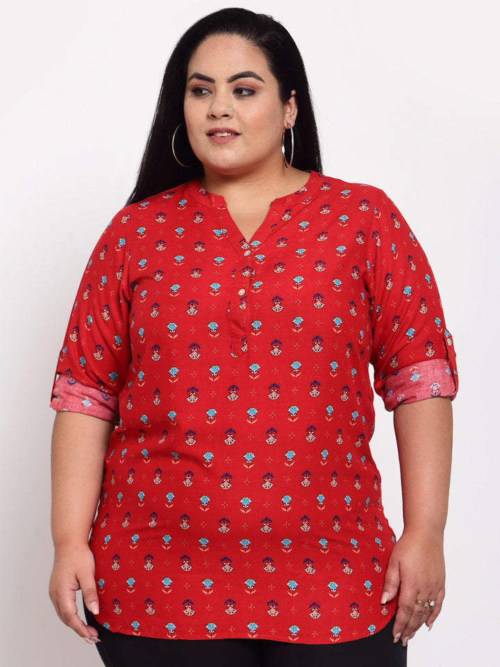 Plus Size Red  Blue Roll-Up Sleeves Shirt Style Top
