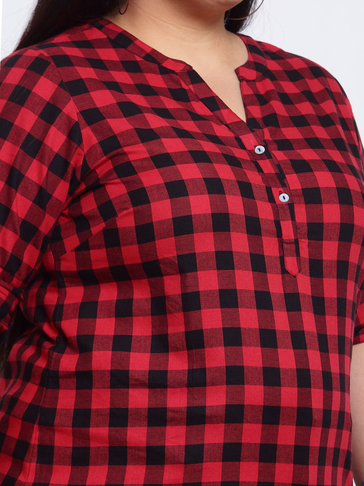 Plus Size Red Checked Shirt Style Top