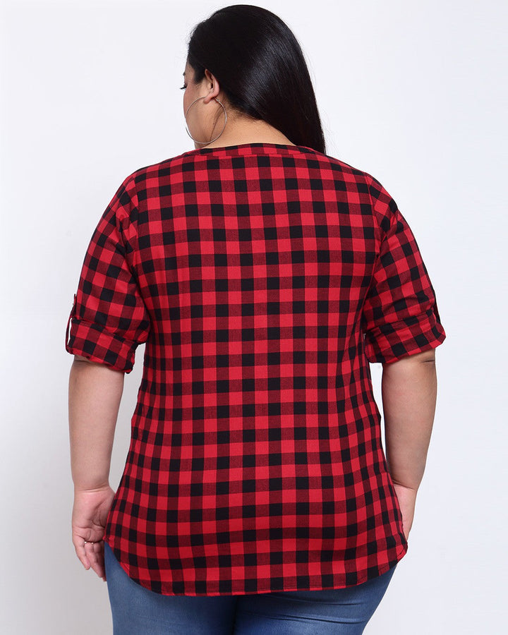Plus Size Red Checked Shirt Style Top