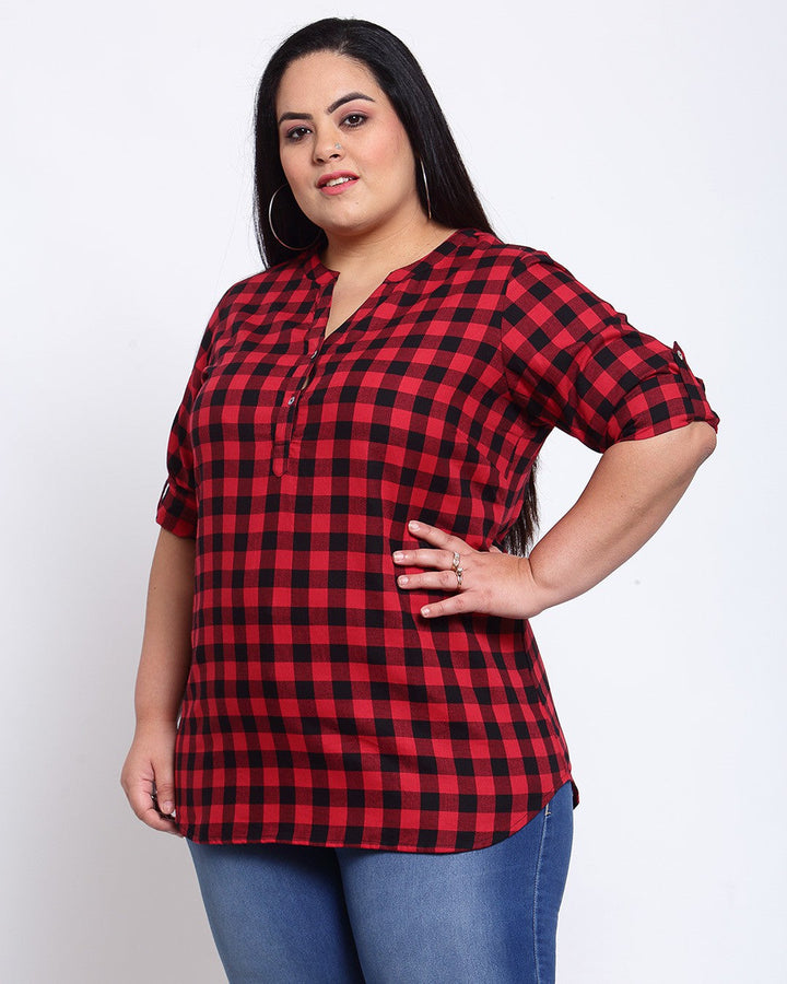 Plus Size Red Checked Shirt Style Top
