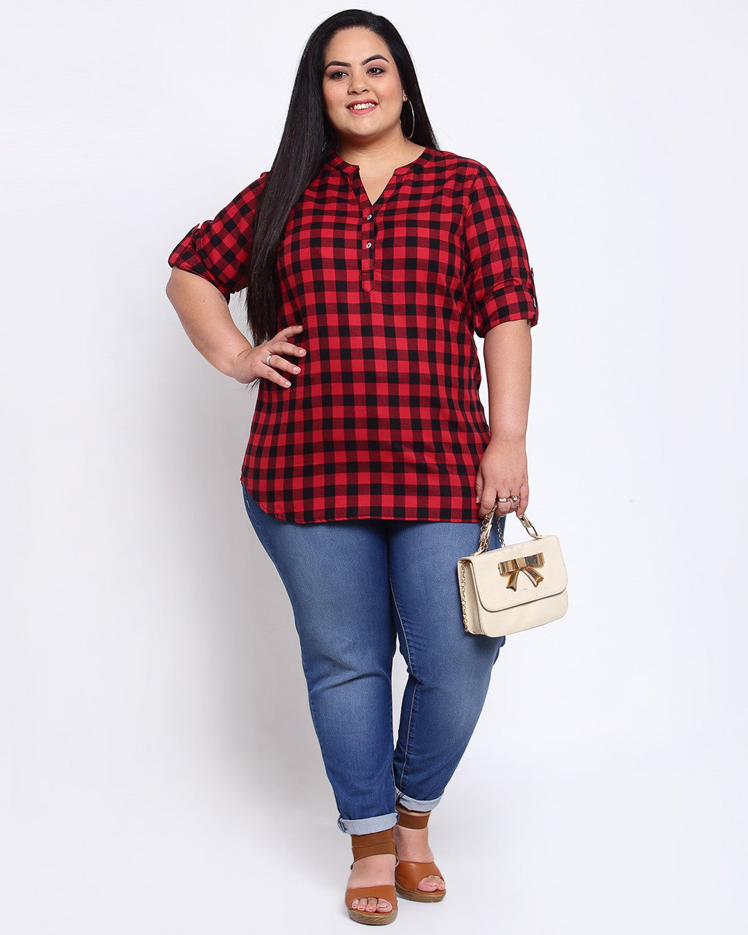 Plus Size Red Checked Shirt Style Top