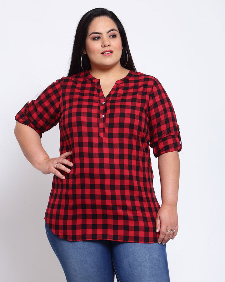 Plus Size Red Checked Shirt Style Top