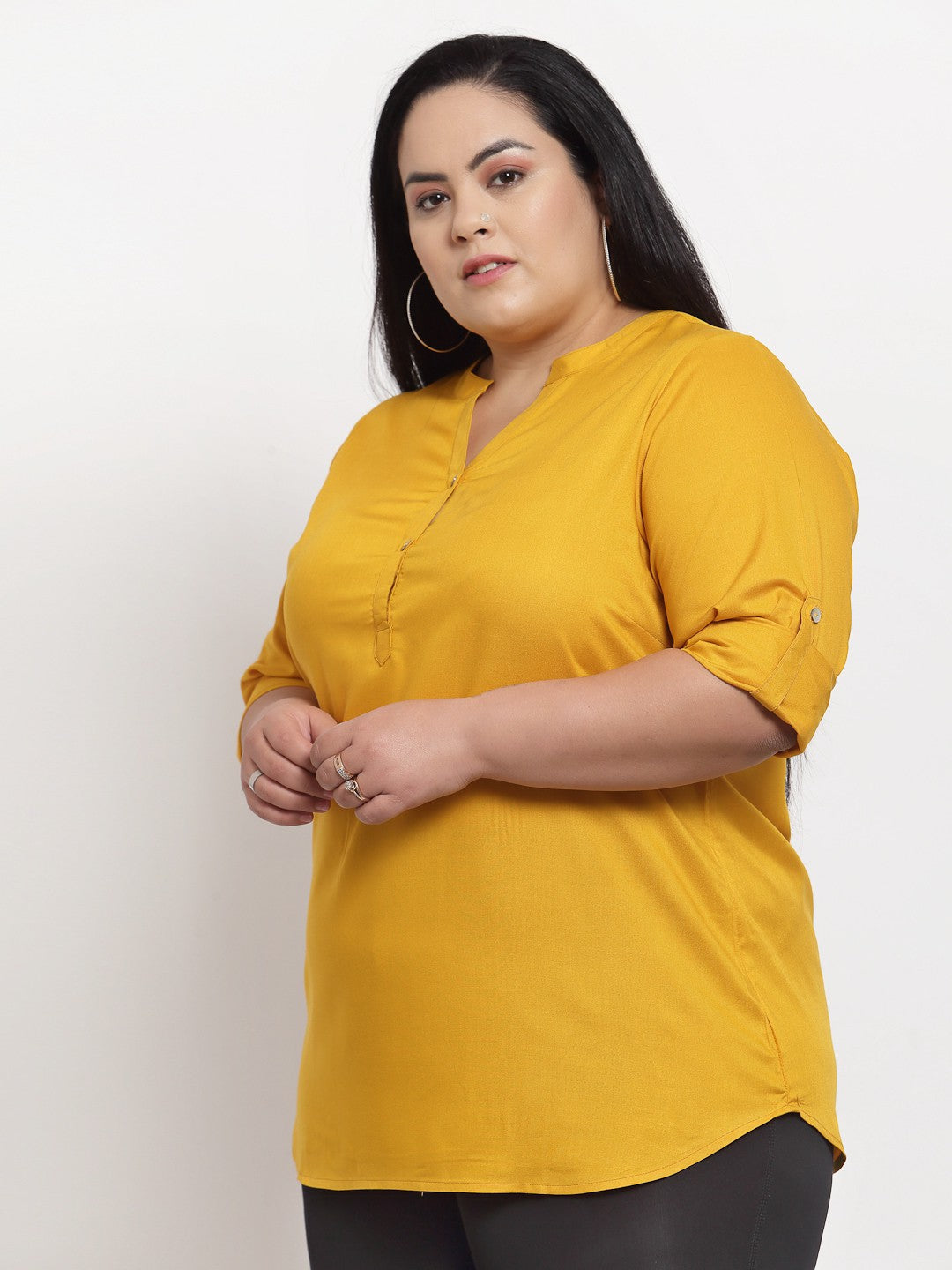 Plus Size Mustard Yellow Mandarin Collar Top