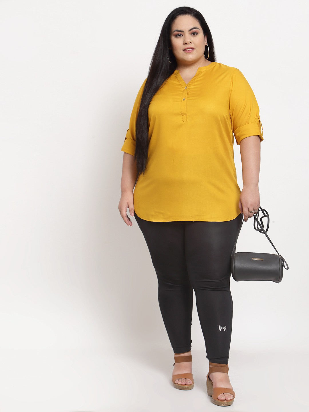 Plus Size Mustard Yellow Mandarin Collar Top