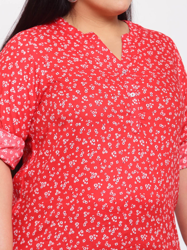 Plus Size Red Floral Mandarin Collar Regular Top