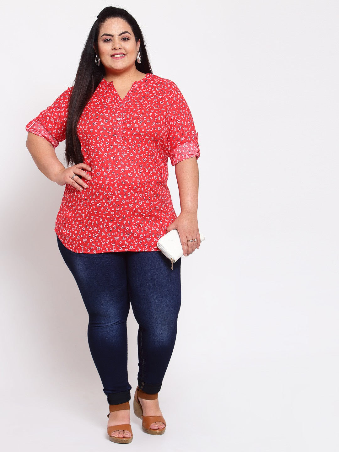 Plus Size Red Floral Mandarin Collar Regular Top