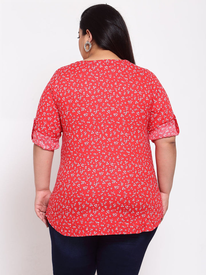 Plus Size Red Floral Mandarin Collar Regular Top