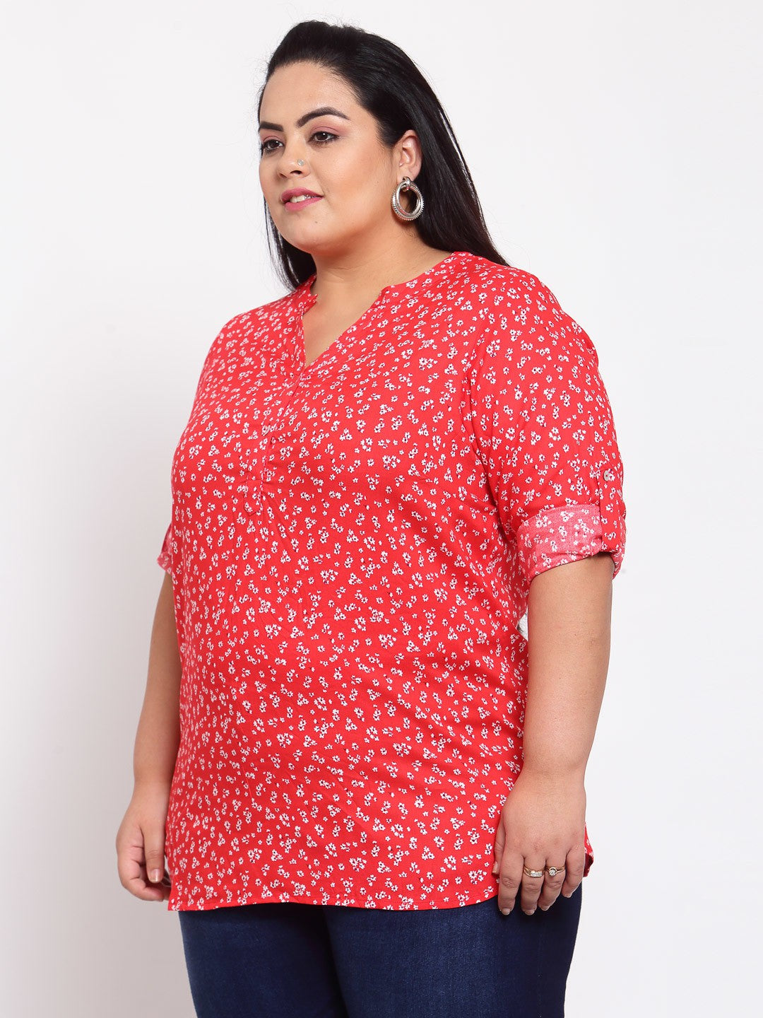 Plus Size Red Floral Mandarin Collar Regular Top